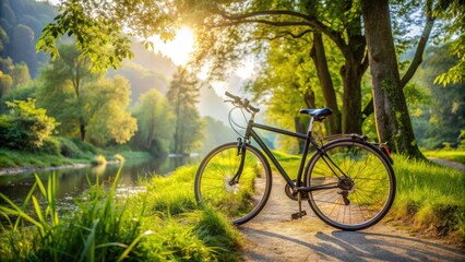A sleek bicycle stands parked on a scenic trail surrounded by lush greenery, highlighting the mental and physical benefits of cycling in nature.