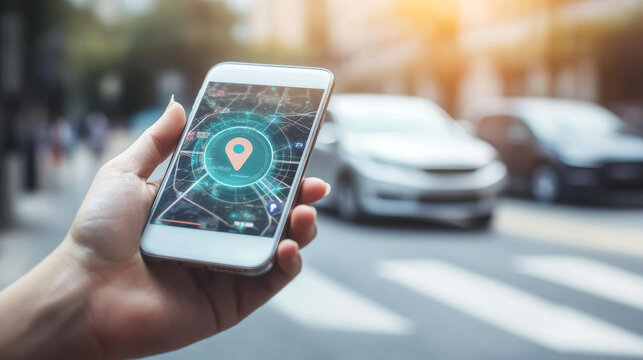 Car with a pin and phone in hand. Auto tech, parking applications, car sharing, Uber service, mobile navigation technologies, ride-sharing, city taxis, parking search, map location, and rideshare conc