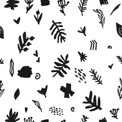 Trendy minimalism modern monochrome floral pattern Grunge, shabby texture elements Scandinavian motifs Vector seamless pattern