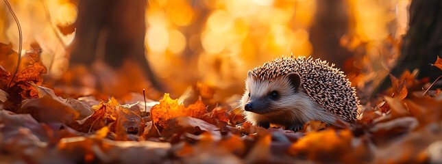 Obraz premium Hedgehog in Autumn Forest, Golden Light, AI generated illustration