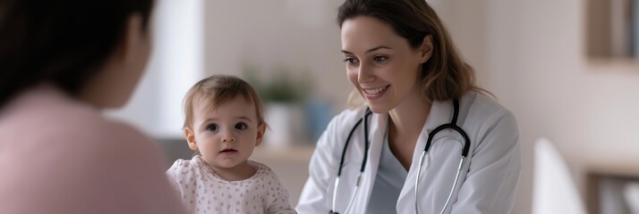 A doctor interacts warmly with a baby and parent in a cozy healthcare environment, showcasing care and trust.