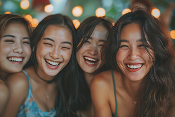 Fototapeta premium A group of happy Asian female friends organizing urban lifestyle groups, playing and chatting.
