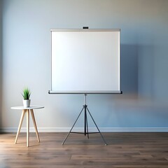 A blank projection screen on a tripod stand in a modern office setting.