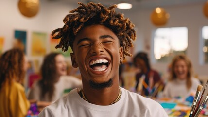 A joyful young man smiles broadly while participating in an art class, highlighting creativity and positivity in a vibrant atmosphere.