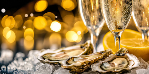 Close-up of oysters with lemon on ice, with glasses of sparkling champagne in the background.