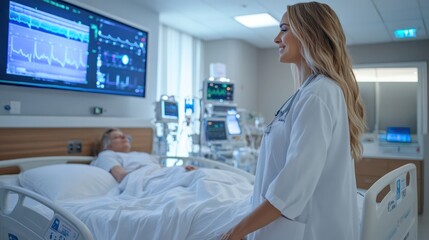 Obraz premium A nurse adjusts medical equipment next to a patient in a modern hospital room, displaying a mix of technology and compassionate care