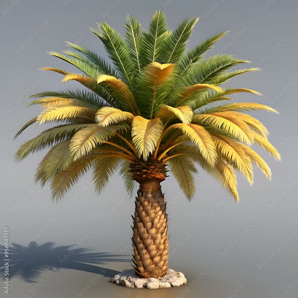 Poster isolated 3d render of a lush. vibrant palm tree with textured leaves and a detailed trunk.