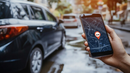 Car with a pin and phone in hand. Auto tech, parking applications, car sharing, Uber service, mobile navigation technologies, ride-sharing, city taxis, parking search, map location, and rideshare conc