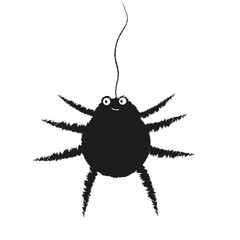 Cute , fluffy black spider hanging on a web, isolated on white background. Vector illustration for Halloween .  Funny character for greeting card 