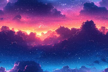 Fototapeta premium Cute cartoon-style background with stars and clouds
