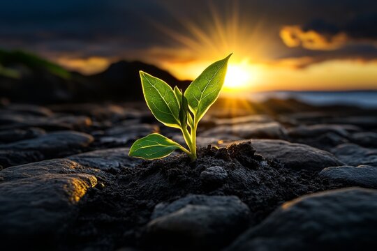 Sprout reaching, sunlit sky, new beginnings showcase the resilience of life