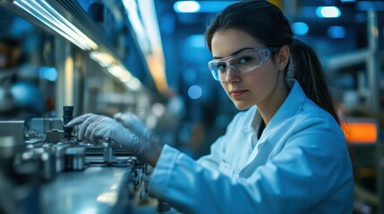 A quality control specialist examines products on an assembly line, emphasizing precision, global standards, and innovation in manufacturing
