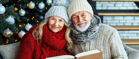 Happy couple enjoying cozy moments by the Christmas tree, reading a book together in warm winter attire.