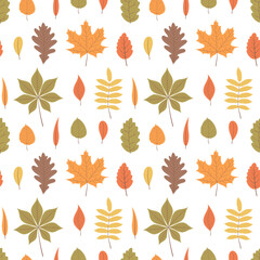 Seamles pattern with colorful autumn leaves on a white background. Flat vector illustration