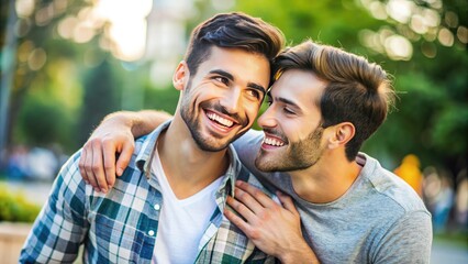 A smiling young man with a casual air, leaning on a friend's shoulder, laughed together in a joyful moment of companionship outdoors.