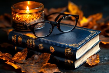 Still life, antique books, reading glasses, candlelight evoke a sense of intellectual curiosity