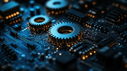 Close up of metallic gears on a circuit board illuminated with blue and gold lighting