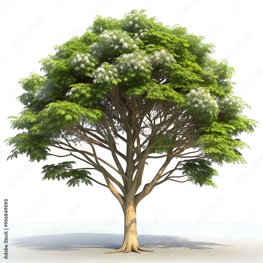 Poster a realistic 3d model of a catalpa tree with lush foliage and delicate white flowers. perfect for add