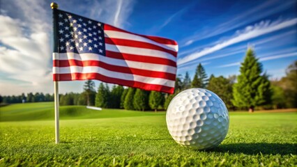 A solitary, pristine golf ball rests on a manicured green, American flag waving proudly in the background, symbolizing freedom and patriotic sportsmanship.