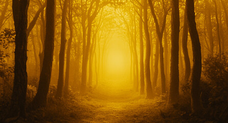 A mystical forest with tall trees, bathed in golden light filtering through the foggy atmosphere.