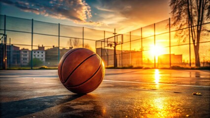 A solitary basketball rests on a worn outdoor court, surrounded by fading sunlight, emphasizing the freedom and accessibility of the sport in an urban setting.