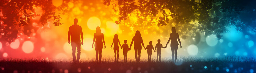 Fototapeta premium Glossy Family Silhouettes Background concept as A sleek glossy background with abstract family silhouettes blended into a vibrant color scheme symbolizing family diversity and unity. Ideal for banners