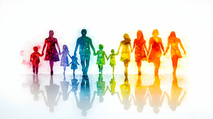 Glossy Family Silhouettes Background concept as A sleek glossy background with abstract family silhouettes blended into a vibrant color scheme symbolizing family diversity and unity. Ideal for banners