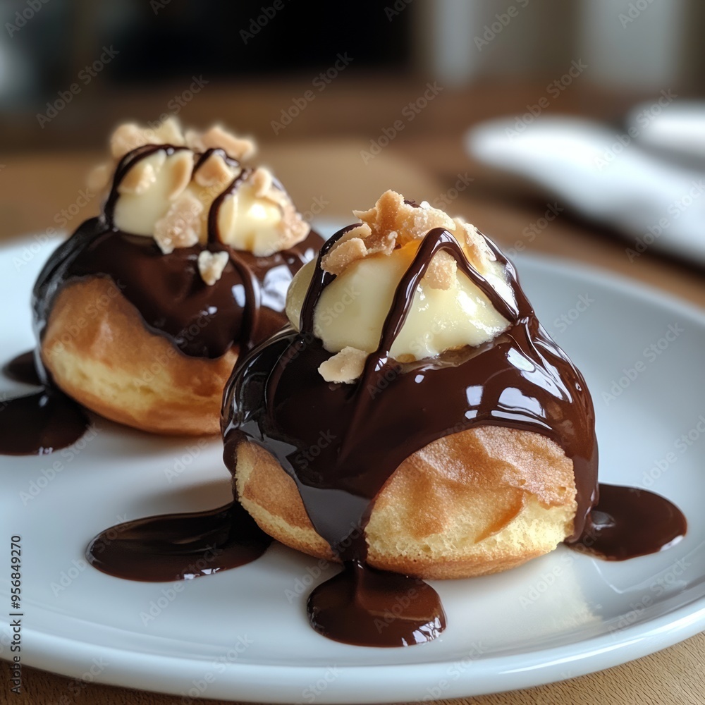 Poster Two profiteroles with vanilla custard and chocolate sauce on a white plate.