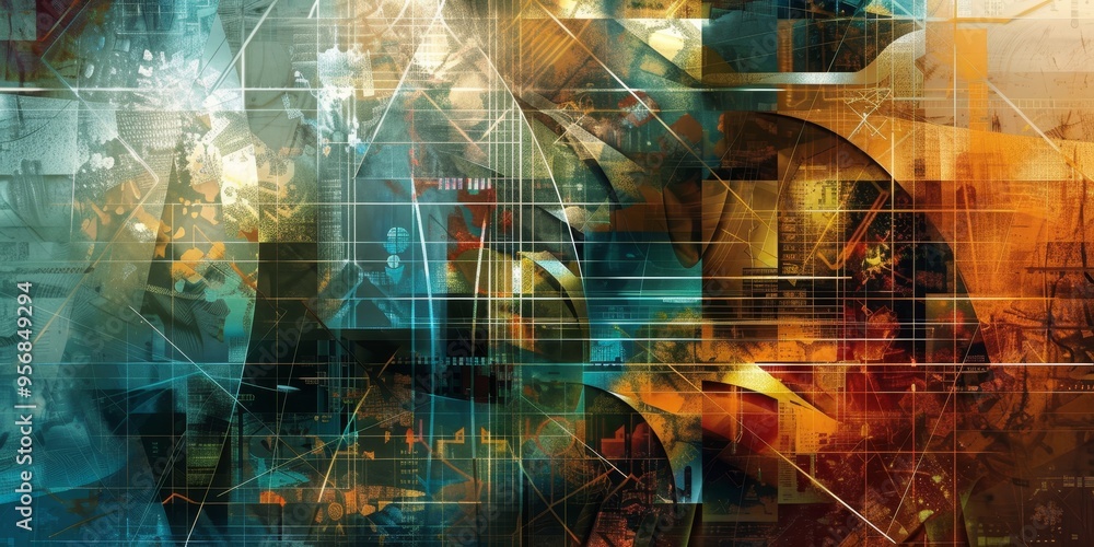 Poster abstract digital artwork of interconnected geometric shapes, illustrating the complexity of modern t
