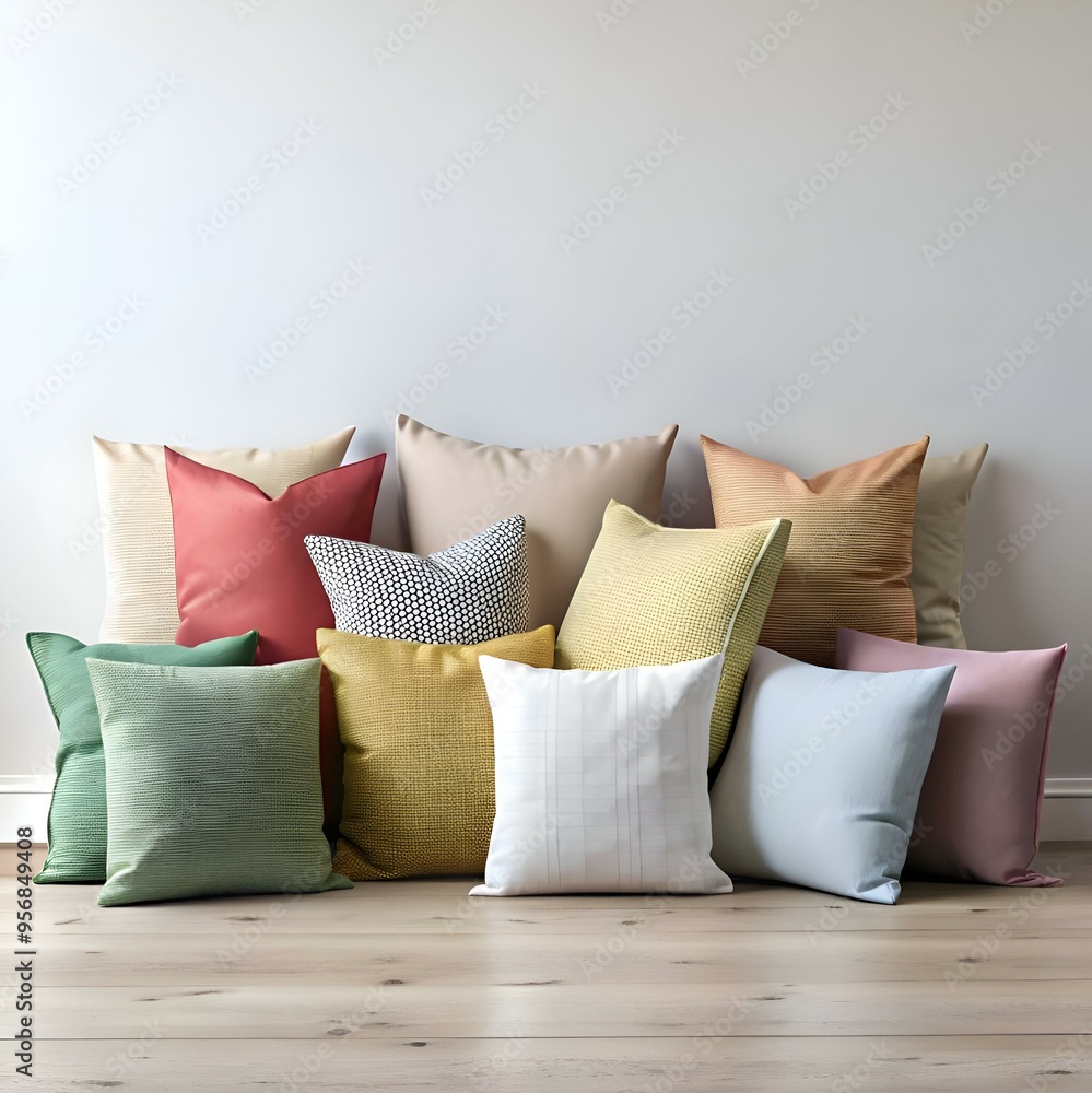 Poster a cozy arrangement of colorful throw pillows in various textures and patterns. creating a welcoming 