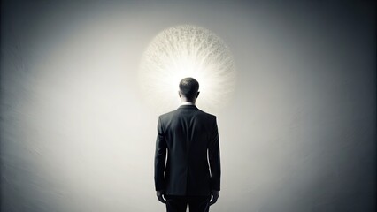 Obraz premium A solitary figure stands against a bright white background, faceless silhouette with an abstract shape of a head, conveying mystery and anonymity.