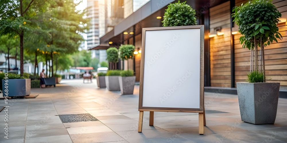 Poster a blank sidewalk sign with a wooden frame stands on a paved sidewalk. perfect for adding your own te