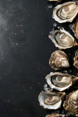 Top view of fresh opened oysters on a black textured background with free copy space.