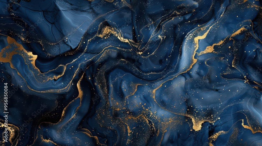 Poster swirling abstract marble texture blending deep blue and metallic gold creating an elegant and luxuri