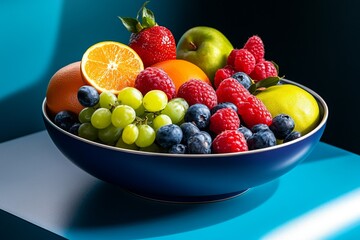 Still life, fruit bowl, vibrant colors, deep shadows highlight the richness of natureâ€™s palette