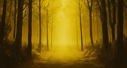 Fototapeta premium A mystical forest with tall trees, bathed in golden light filtering through the foggy atmosphere.