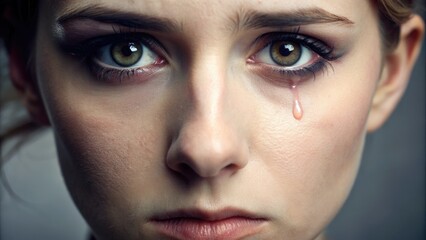 Fototapeta premium A solitary tear rolls down a rosy cheek, glistening on porcelain skin, as a delicate, sorrowful gaze casts downward, evoking a sense of tender vulnerability.