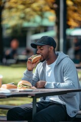 A man is eating a hot dog while sitting at a table. The scene is casual and relaxed, with the man enjoying his meal in a park setting