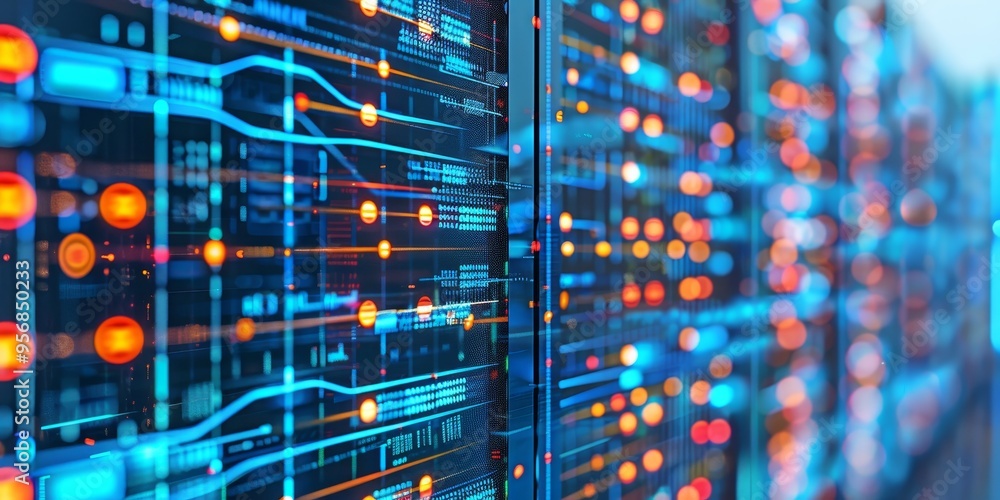 Aufkleber abstract design of digital infrastructure with data servers and communication networks
