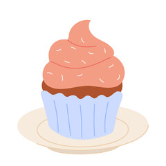 Cupcake with whipped cream on top. Chocolate cup cake, sweet dessert on plate. Choco muffin, pastry treat with frosting.