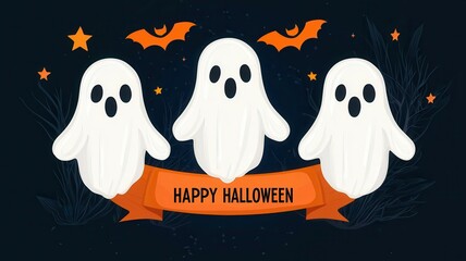 Obraz premium A playful Halloween illustration featuring cute ghosts and festive decorations, perfect for celebrating the spooky season.