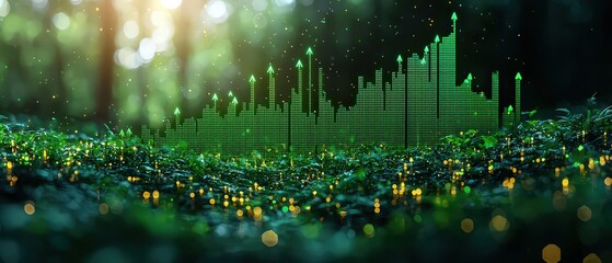 Fototapeta premium Digital background featuring green arrows pointing upwards on digital charts, representing stock market growth and financial success. 