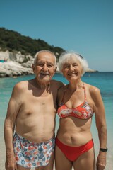 Fototapeta premium A couple of older people are posing for a picture on a beach. The man is wearing a red bikini and the woman is wearing a red bikini top. They both have a smile on their faces