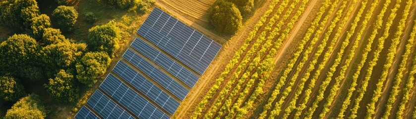 Aerial view of a vineyard with solar panels, showcasing sustainable agriculture and renewable energy in harmony.