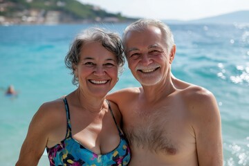 Obraz premium A man and woman are smiling at the camera on a beach. The man is wearing a shirtless shirt and the woman is wearing a bikini. Scene is happy and relaxed