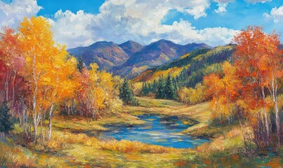 Fototapeta premium Oil painting depicting an autumn landscape with vibrant colors showcasing the beauty of a serene mountainous area