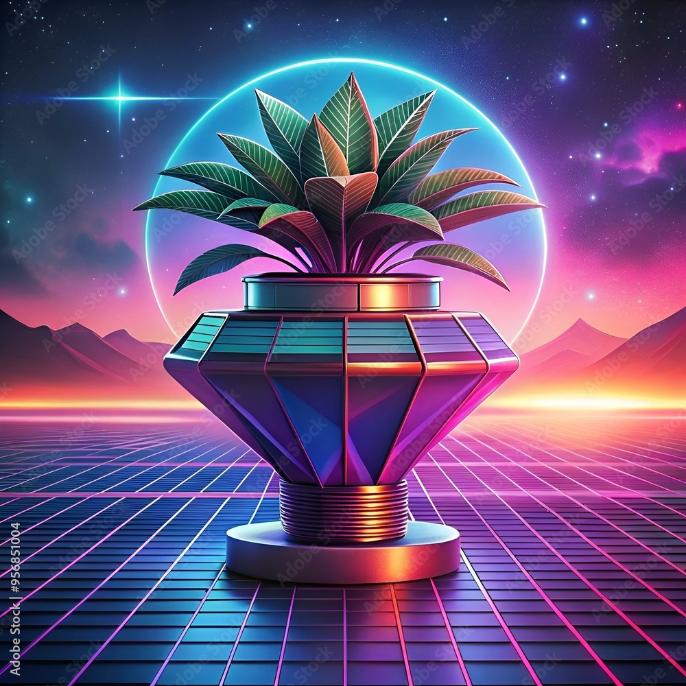 Wall mural a futuristic 3d illustration of a plant in a diamond shaped pot. set against a vibrant 80s synthwave