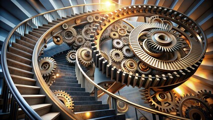 A spiral staircase made of gears and cogs ascends upwards, symbolizing innovative problem-solving, iterative progress, and relentless pursuit of excellence in business and industry.