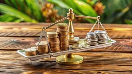 A split pile of coins and banknotes on a wooden table, separated by a miniature scale, symbolizing financial planning, allocation, and budgeting decisions.