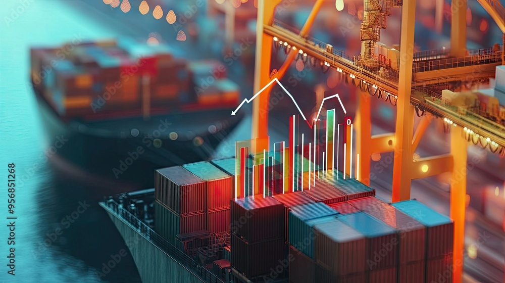 Poster crane at the dock loading cargo containers from a ship, with a rising bar chart and up arrow. concep